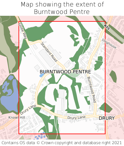 Map showing extent of Burntwood Pentre as bounding box