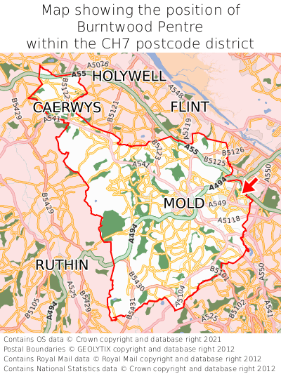 Map showing location of Burntwood Pentre within CH7