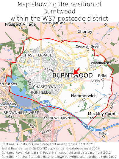 Map showing location of Burntwood within WS7