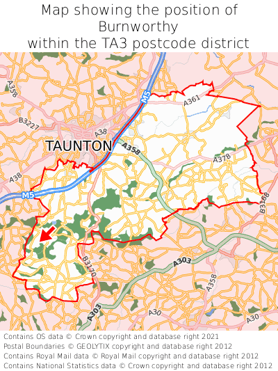 Map showing location of Burnworthy within TA3