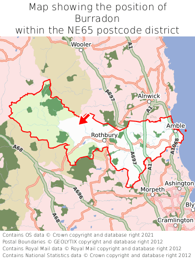 Map showing location of Burradon within NE65