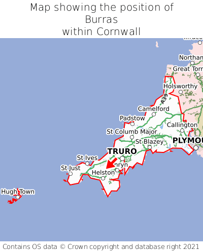 Map showing location of Burras within Cornwall