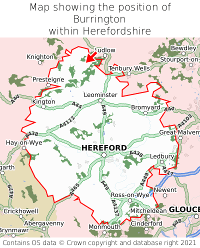 Map showing location of Burrington within Herefordshire