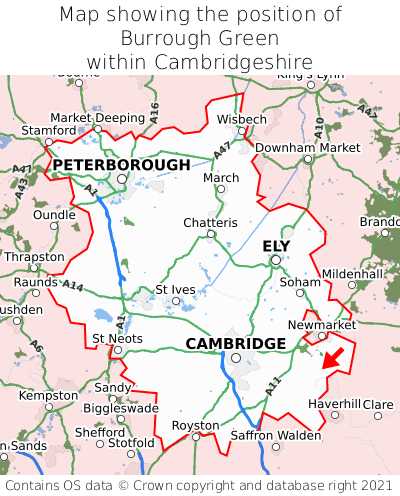 Map showing location of Burrough Green within Cambridgeshire