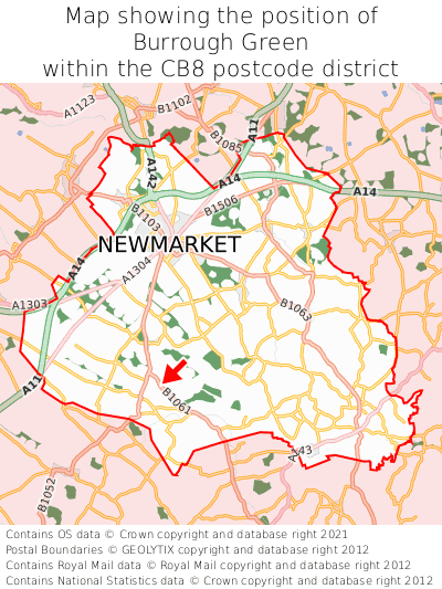 Map showing location of Burrough Green within CB8