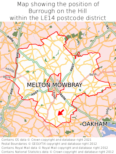 Map showing location of Burrough on the Hill within LE14