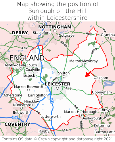 Map showing location of Burrough on the Hill within Leicestershire