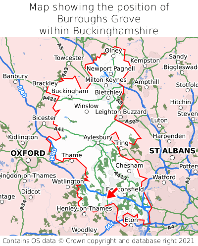 Map showing location of Burroughs Grove within Buckinghamshire