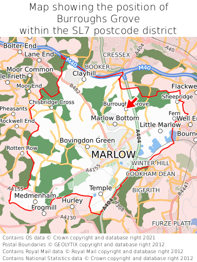 Map showing location of Burroughs Grove within SL7