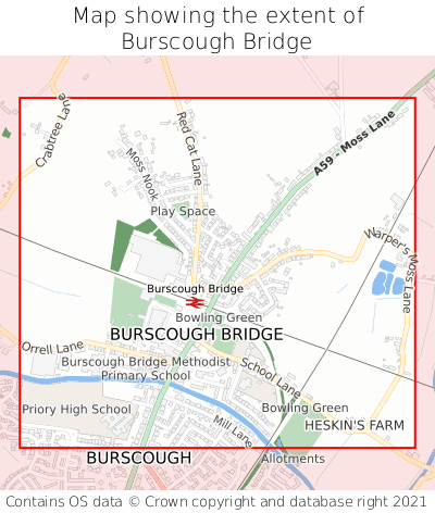 Map showing extent of Burscough Bridge as bounding box