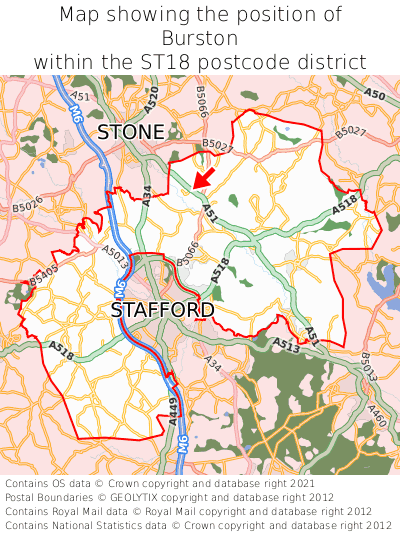 Map showing location of Burston within ST18