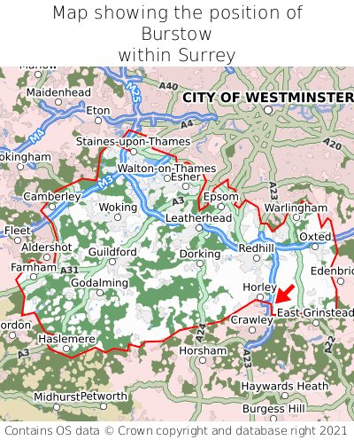 Map showing location of Burstow within Surrey