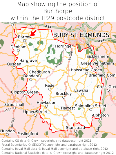 Map showing location of Burthorpe within IP29
