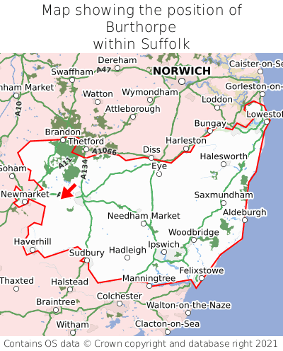 Map showing location of Burthorpe within Suffolk