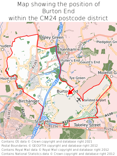 Map showing location of Burton End within CM24