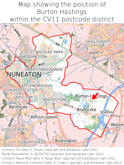 Map showing location of Burton Hastings within CV11