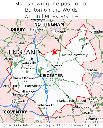 Map showing location of Burton on the Wolds within Leicestershire