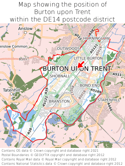Map showing location of Burton upon Trent within DE14