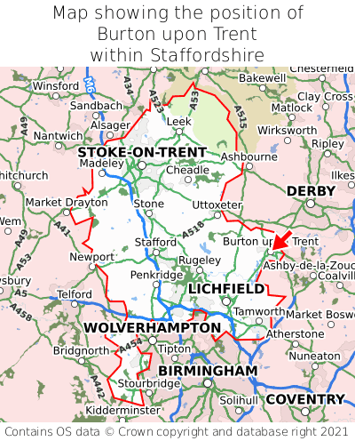 Map showing location of Burton upon Trent within Staffordshire