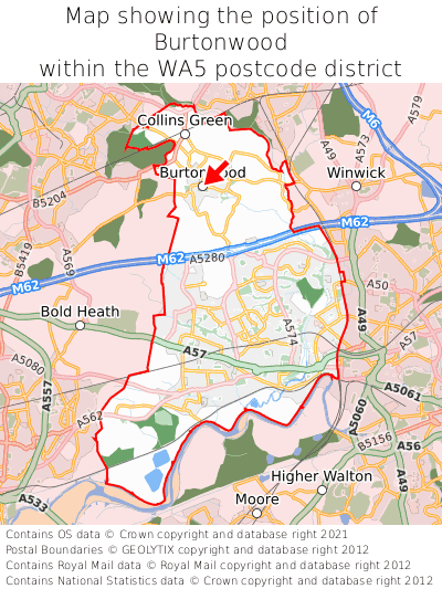 Map showing location of Burtonwood within WA5