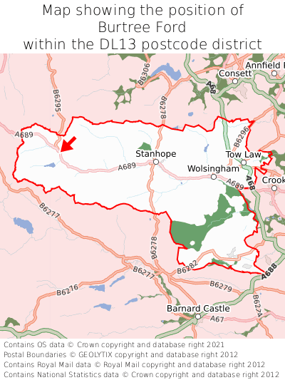 Map showing location of Burtree Ford within DL13