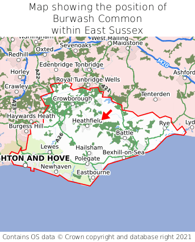 Map showing location of Burwash Common within East Sussex