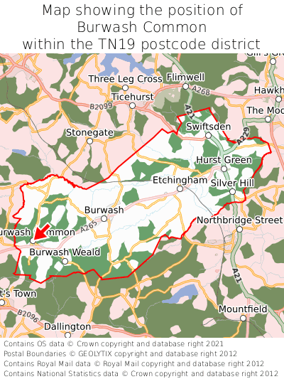 Map showing location of Burwash Common within TN19