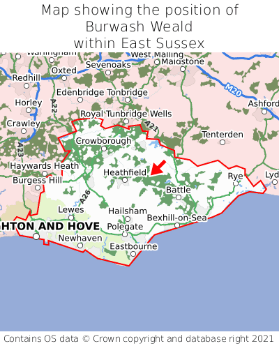 Map showing location of Burwash Weald within East Sussex