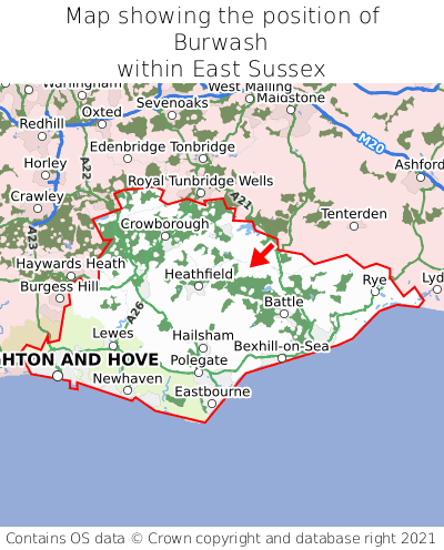 Map showing location of Burwash within East Sussex