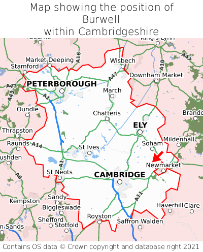 Map showing location of Burwell within Cambridgeshire