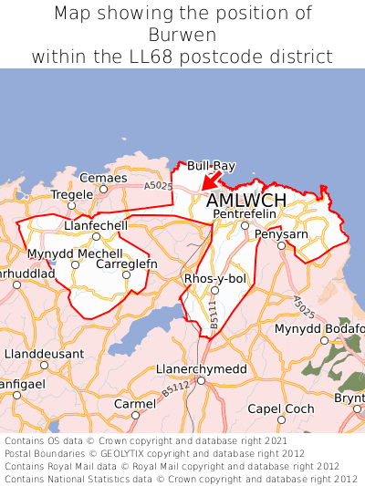 Map showing location of Burwen within LL68