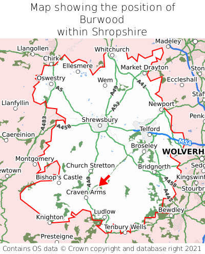 Map showing location of Burwood within Shropshire