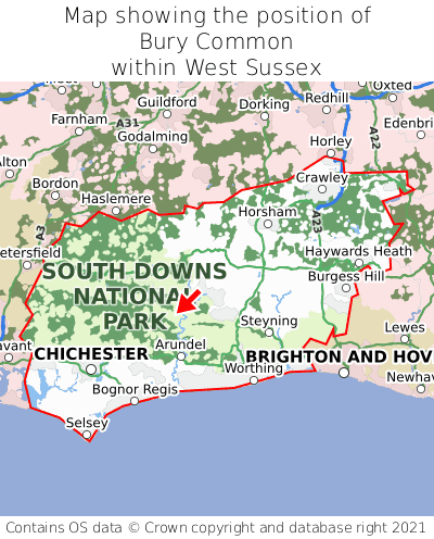 Map showing location of Bury Common within West Sussex