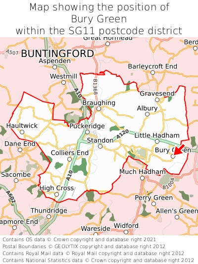 Map showing location of Bury Green within SG11