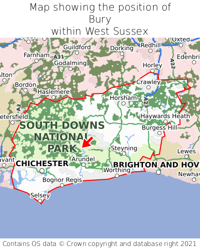 Map showing location of Bury within West Sussex