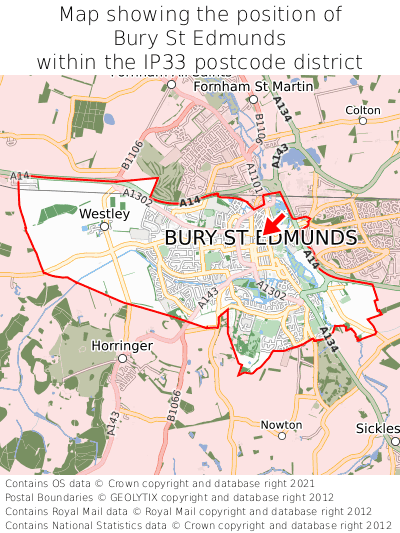 Map showing location of Bury St Edmunds within IP33