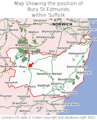 Map showing location of Bury St Edmunds within Suffolk
