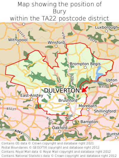 Map showing location of Bury within TA22