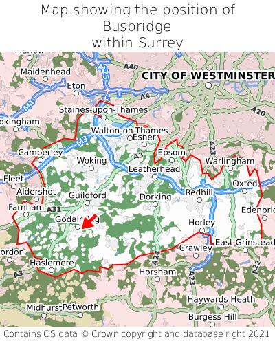 Map showing location of Busbridge within Surrey