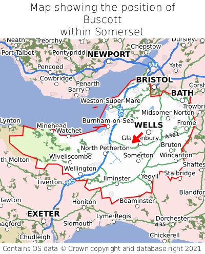 Map showing location of Buscott within Somerset