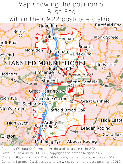 Map showing location of Bush End within CM22