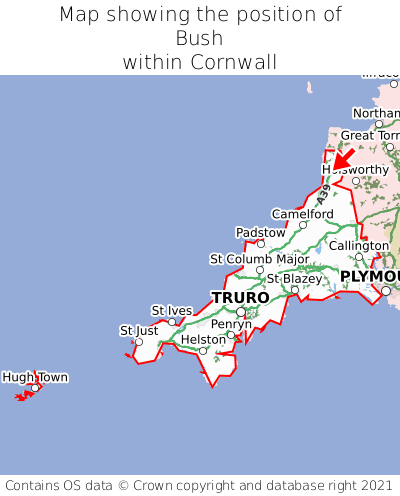 Map showing location of Bush within Cornwall