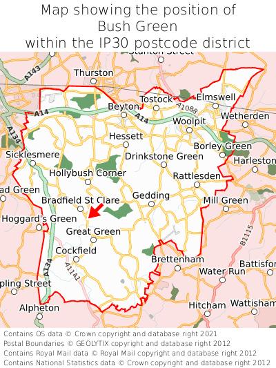 Map showing location of Bush Green within IP30