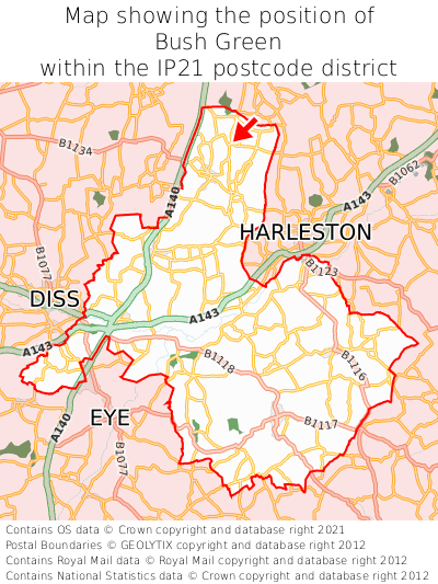 Map showing location of Bush Green within IP21