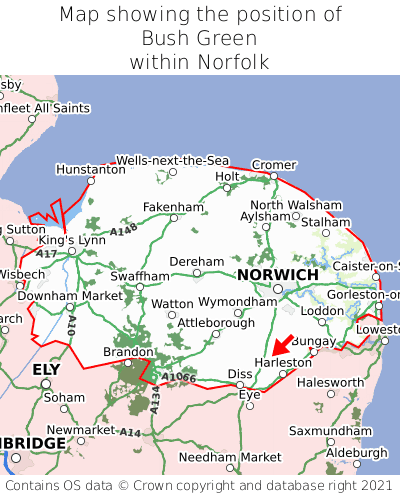 Map showing location of Bush Green within Norfolk