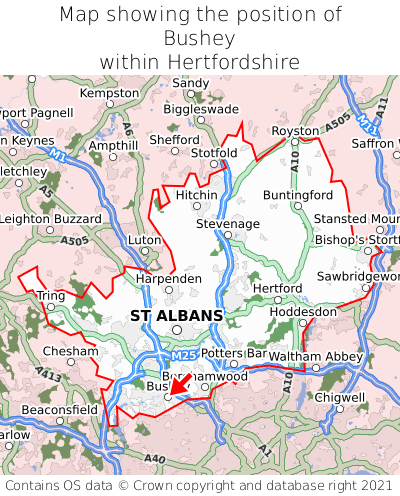 Map showing location of Bushey within Hertfordshire
