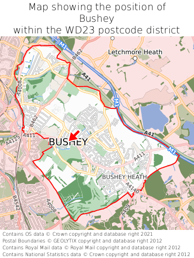 Map showing location of Bushey within WD23