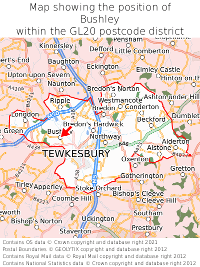 Map showing location of Bushley within GL20