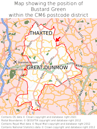 Map showing location of Bustard Green within CM6
