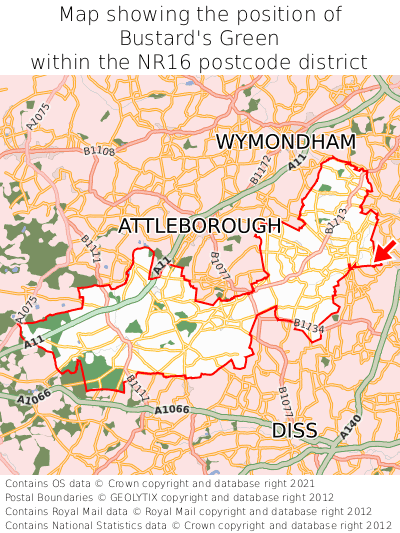 Map showing location of Bustard's Green within NR16